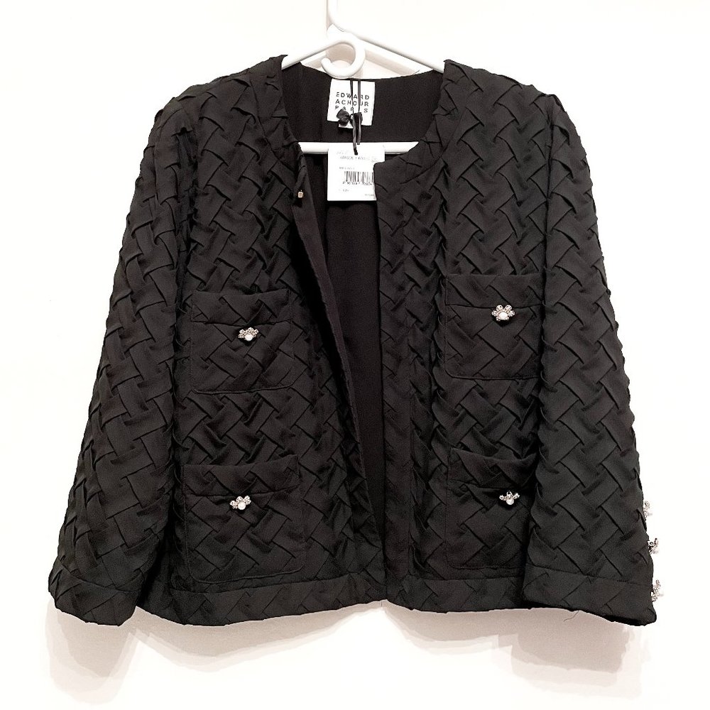 Edward Achour Black Textured Quilted Jacket - Elegant Women's Blazer Size XL